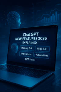 “ChatGPT New Features 2026 displayed on a futuristic laptop interface showing major updates like Memory 3.0, Ultra Vision and Voice 4.0.”