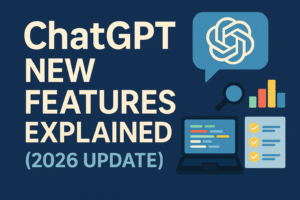 “ChatGPT New Features 2026 illustrated graphic showing update overview with icons for search, analytics, checklist and laptop on a blue tech background.”