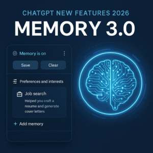 “ChatGPT New Features 2026 Memory 3.0 interface showing AI brain, saved preferences, job search memory and personalization options in a futuristic blue design.”