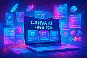Canva AI Free 2026 dashboard with colorful purple-blue gradients, neon icons, templates, and AI design tools