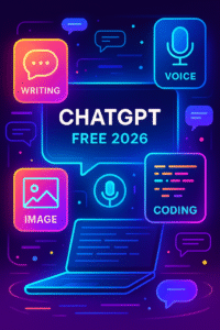 ChatGPT Free Tier 2026 interface with neon-blue UI, speech bubbles, and coding icons.