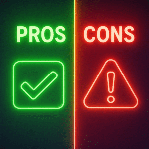 Split graphic showing advantages and disadvantages of free AI tools.
