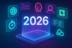 Futuristic neon illustration showing multiple free AI tools of 2026 floating as holographic icons.
