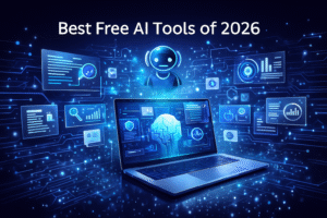 Colorful futuristic illustration showing the best free AI tools 2026 with neon icons and digital UI panels.