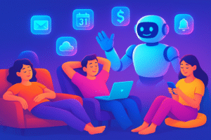 A modern lifestyle illustration of people using laptops and smartphones while AI automates tasks in the background — floating icons of emails, money, calendar, cloud, and smart devices. Vibrant colors, soft gradients, friendly global theme.