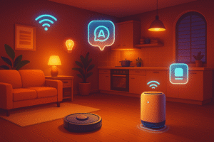 Smart robot vacuum and smart home devices automating cleaning tasks.