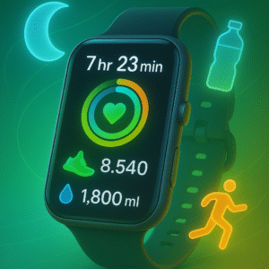 Smartwatch and AI assistant tracking sleep, steps, workouts, and water reminders.