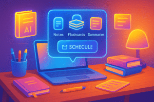 Student using AI tools to automate study summaries, flashcards, and schedules.