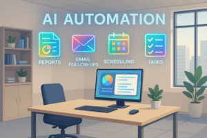 Office worker using AI tools for emails, scheduling, and document management automation.