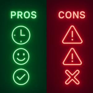 Split-screen illustration showing the pros and cons of everyday task automation