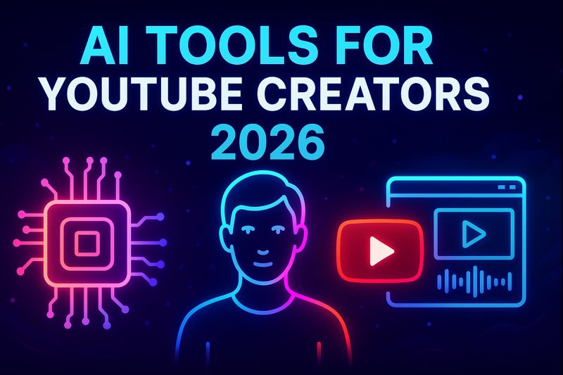 AI tools for YouTube creators in 2026 illustrated with a futuristic digital creator, AI chip, and YouTube workflow graphics