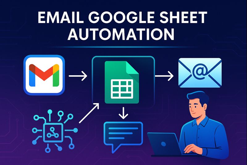 “Email Google Sheet automation illustrated with Gmail, Google Sheets, and automated email workflow icons in a modern 2026 digital automation design.”