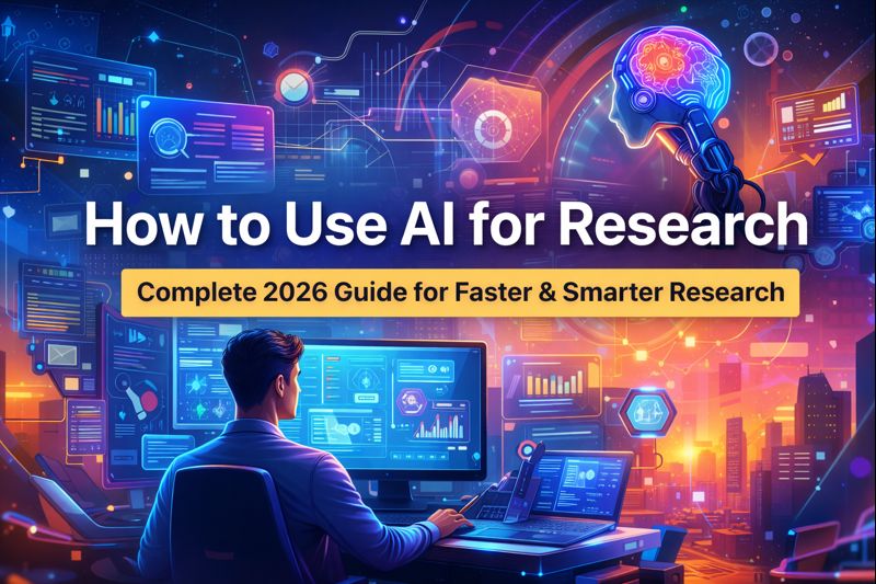 “How to use AI for research illustrated with a colorful futuristic researcher, AI data visuals, charts, and digital knowledge elements in a modern 2026 design.”