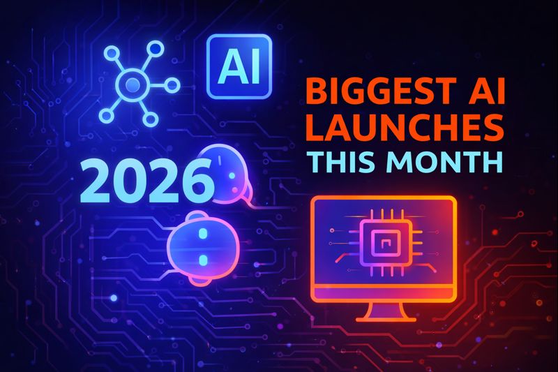 “Colorful futuristic illustration titled Biggest AI Launches This Month 2026 featuring neon AI icons, a glowing microchip, digital avatar, and modern tech graphics.”