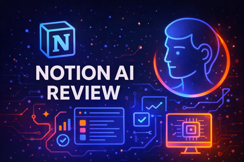 “Colorful futuristic illustration for Notion AI Review showing glowing Notion logo, AI
