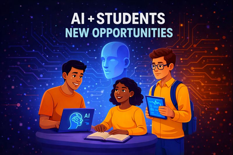 "AI and students new opportunities illustrated with diverse learners using futuristic artificial intelligence tools in a modern digital classroom setting."