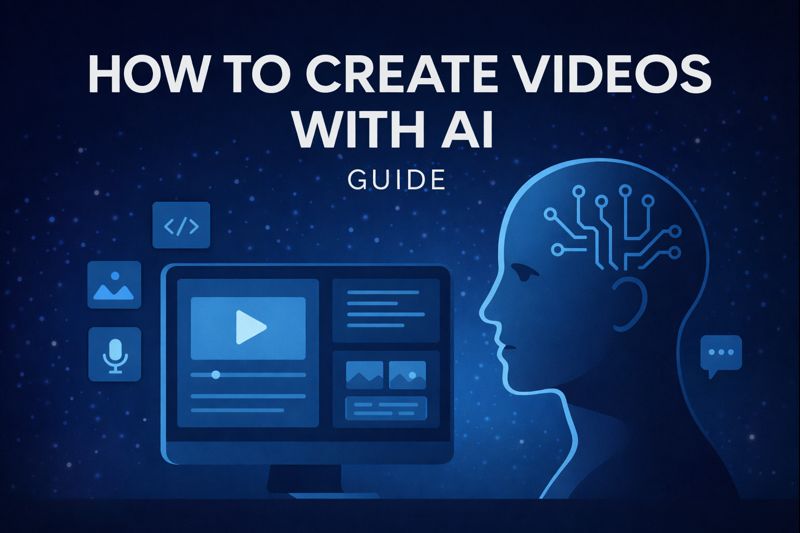“Featured illustration showing how to create videos with AI, displaying a futuristic editing interface, AI head model, and video creation dashboard for a complete guide.”