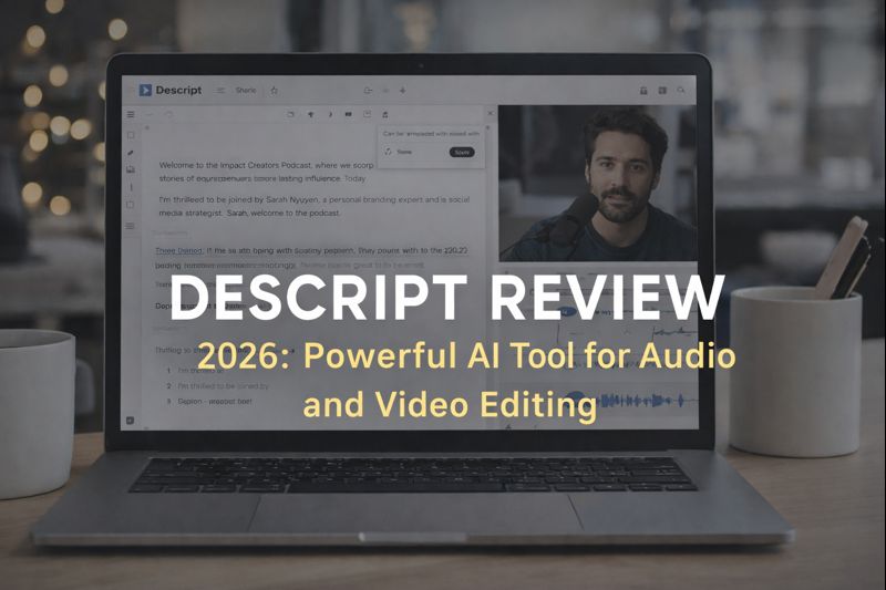 Descript review showing AI-powered audio and video editing interface used by creators in 2026