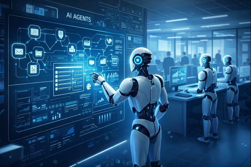 AI agents replacing traditional software through autonomous automation workflows in a futuristic office environment in 2026